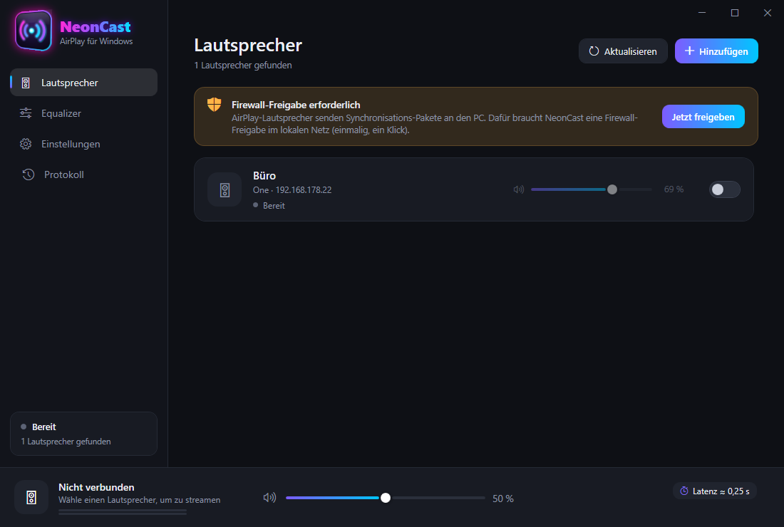 Hinweis „Firewall-Freigabe erforderlich“ mit Button „Jetzt freigeben“