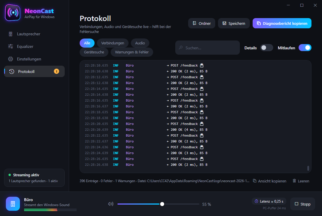 Protokoll-Seite mit Live-Einträgen