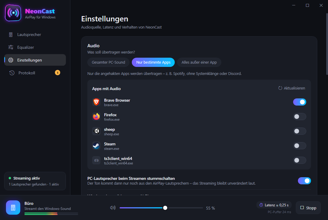 Einstellungen: Audioquelle und App-Auswahl